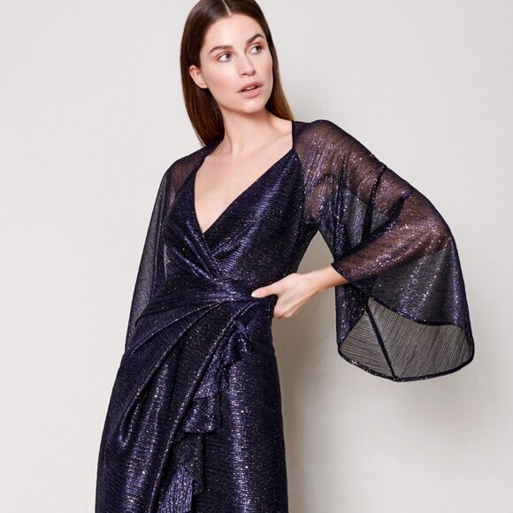 New Talbot Runhof Concavo1 Sprinkled Metallic Voile Wide Sleeve Midi Dress 6 US - Picture 4 of 17